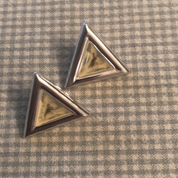 Vintage Silver Tone Triangular Earrings Indented Centre Enamel Sage Yellow -#431 - Picture 5 of 5